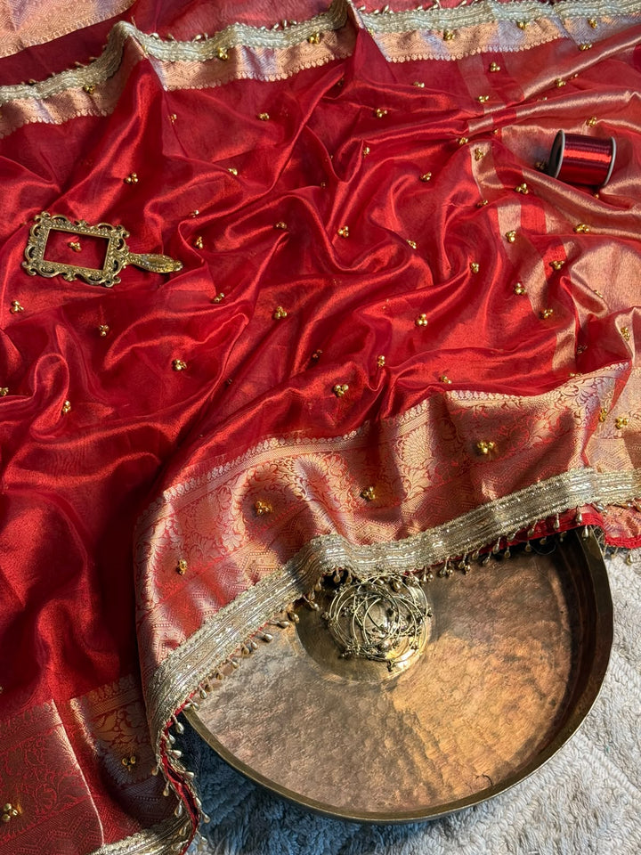 Carmine Red Tissue Silk Ghungroo Work Saree