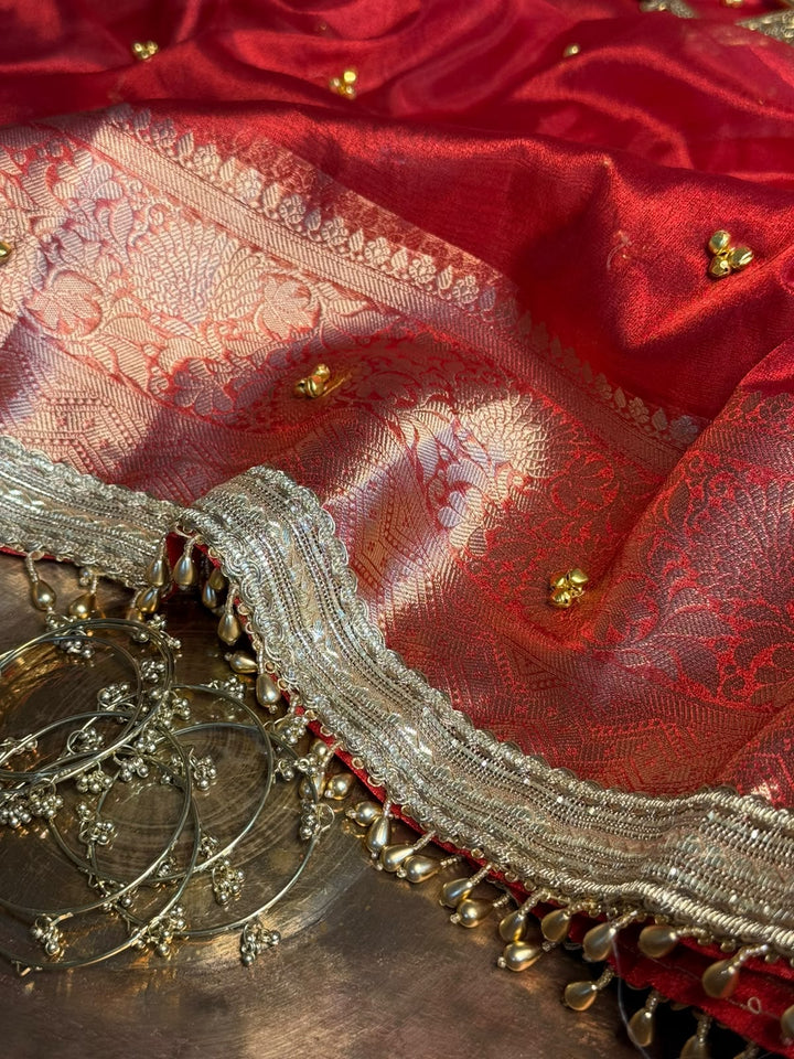 Carmine Red Tissue Silk Ghungroo Work Saree