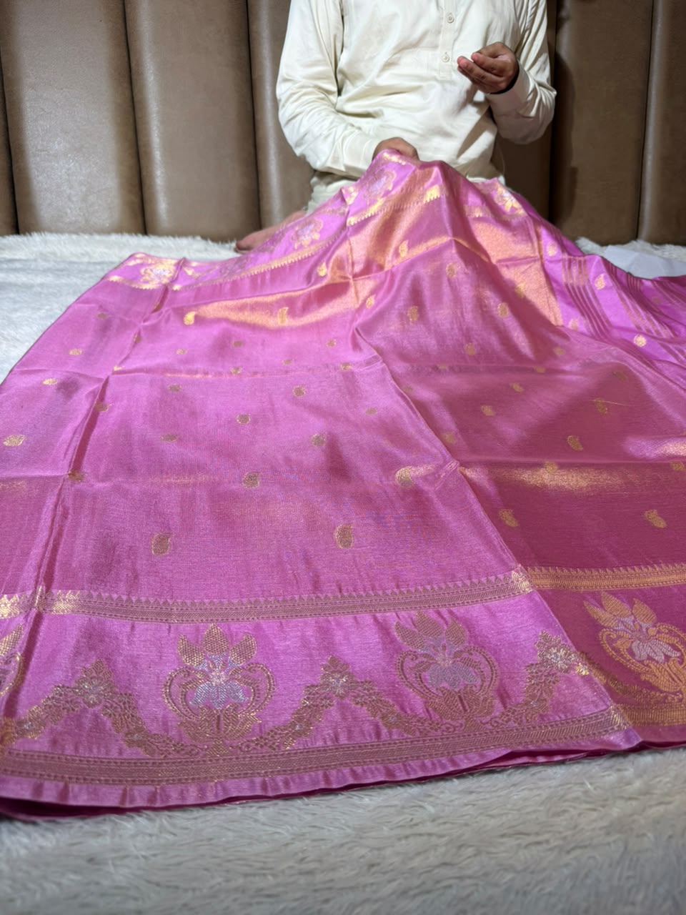 Baby Pink Breathable Katan Tissue Banarasi Saree
