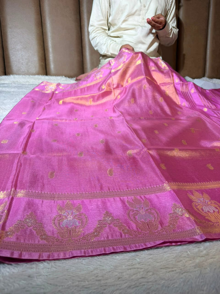 Baby Pink Breathable Katan Tissue Banarasi Saree