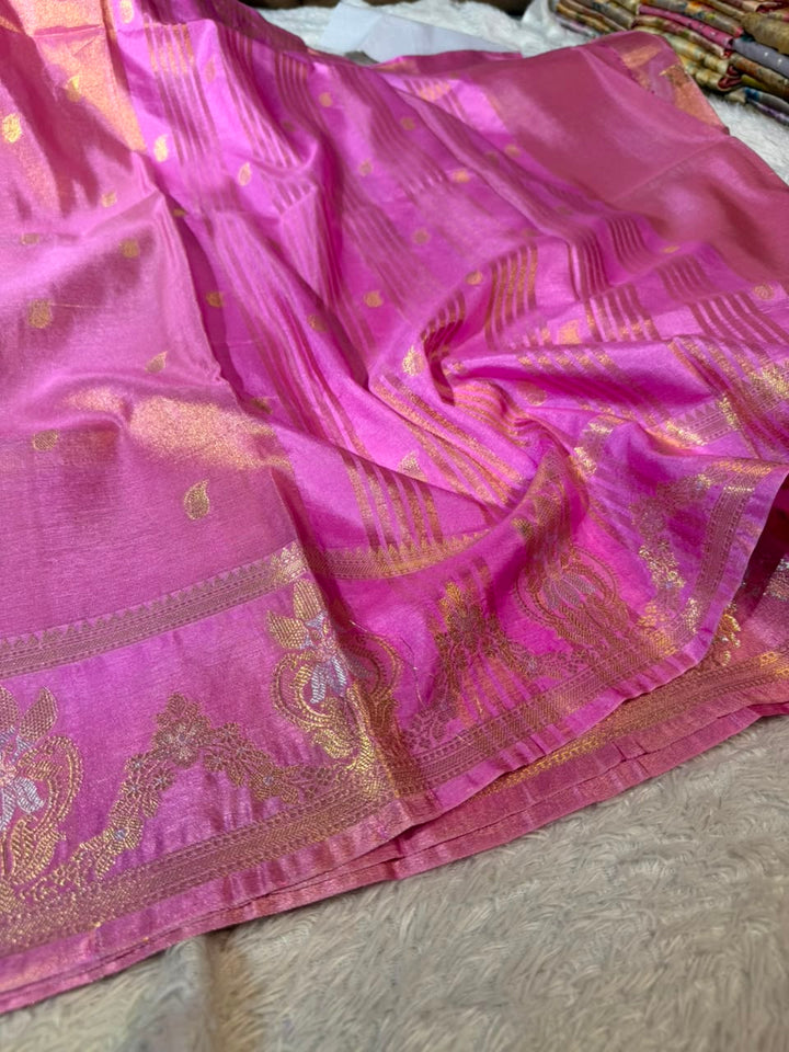 Baby Pink Breathable Katan Tissue Banarasi Saree