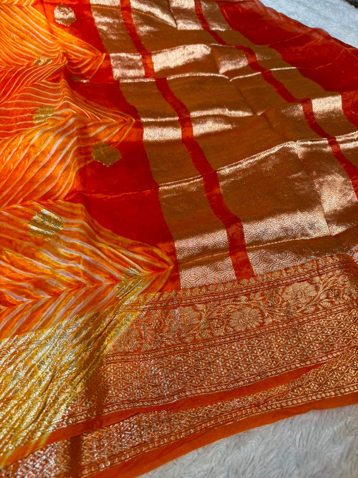 Arashi Dyed Orange Handwoven Pure Kora Silk Saree