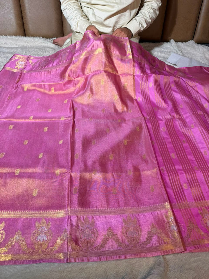 Baby Pink Breathable Katan Tissue Banarasi Saree