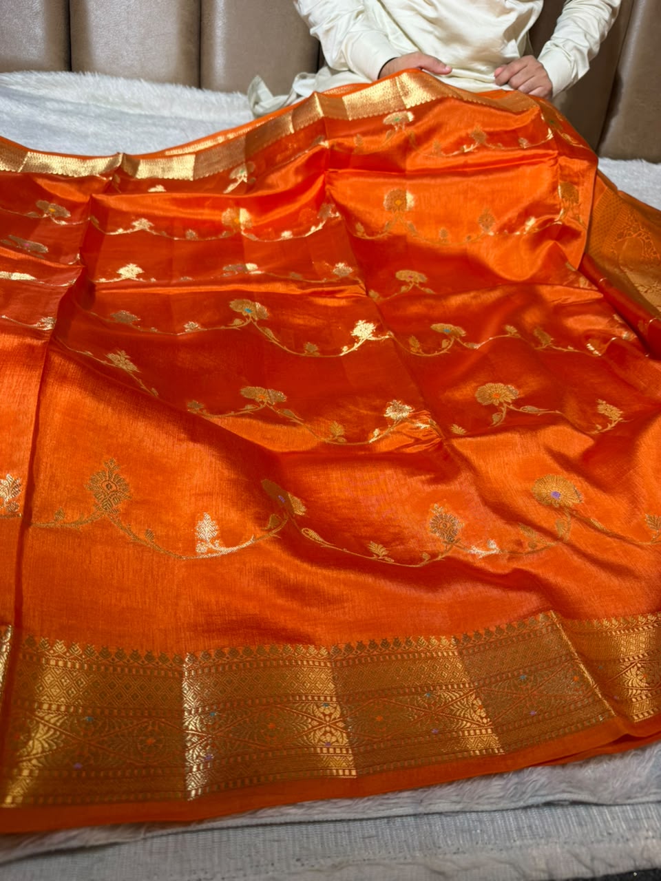 Brunt Orange Contemporary Pure Mango Silk Banarasi Saree