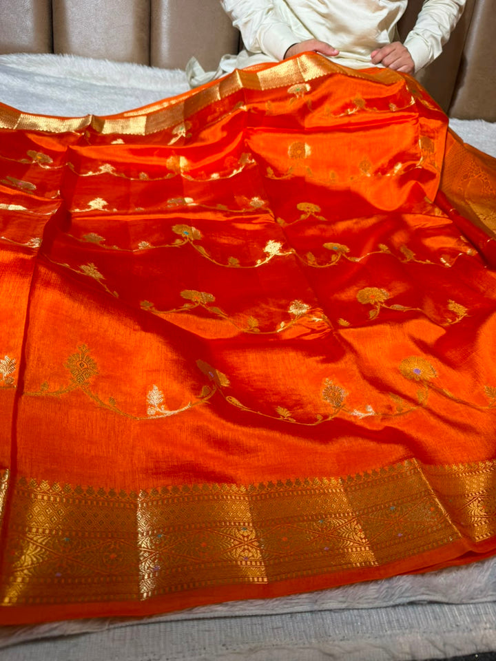 Brunt Orange Contemporary Pure Mango Silk Banarasi Saree