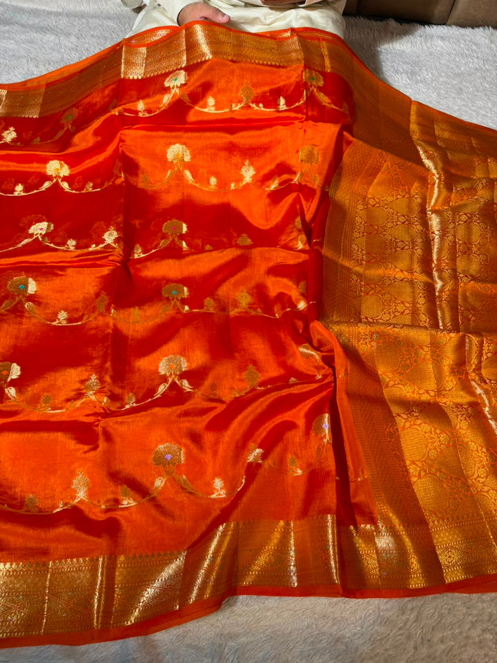 Brunt Orange Contemporary Pure Mango Silk Banarasi Saree