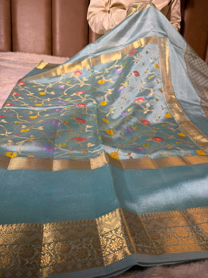 Sea Blue Contemporary Pure Mango Silk Banarasi Saree