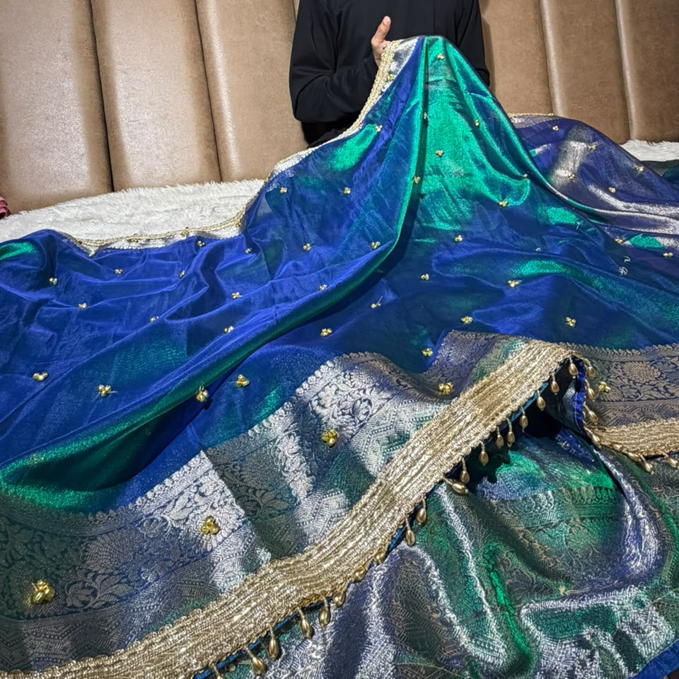 Rare Peacock Kora Tissue Hand Ghungroo Work Saree