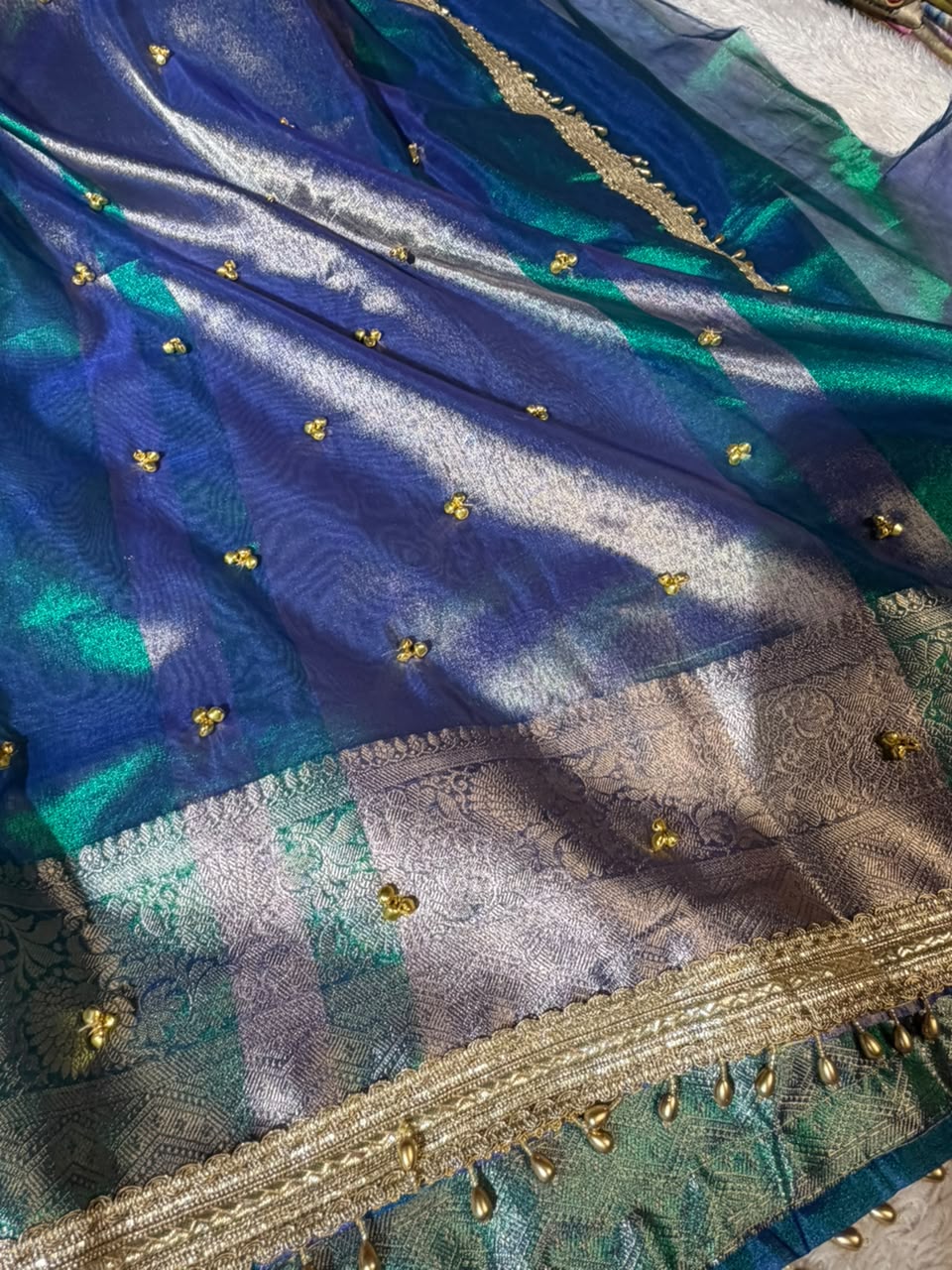 Rare Peacock Kora Tissue Hand Ghungroo Work Saree