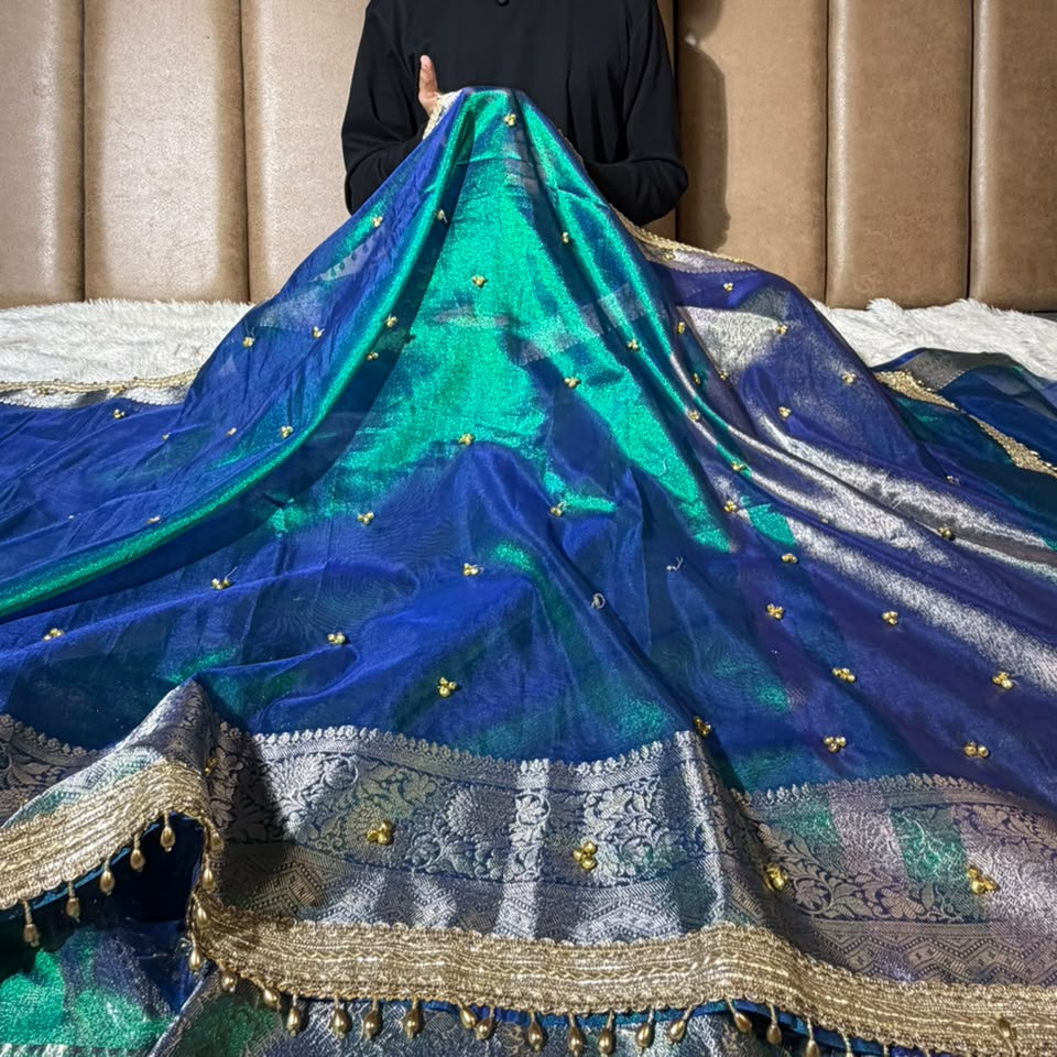 Rare Peacock Kora Tissue Hand Ghungroo Work Saree