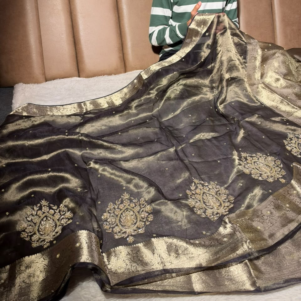 Beige Brown Pure Tissue Silk Handwork Saree