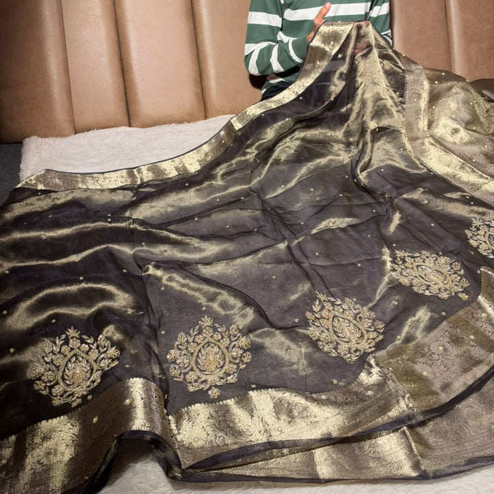 Beige Brown Pure Tissue Silk Handwork Saree