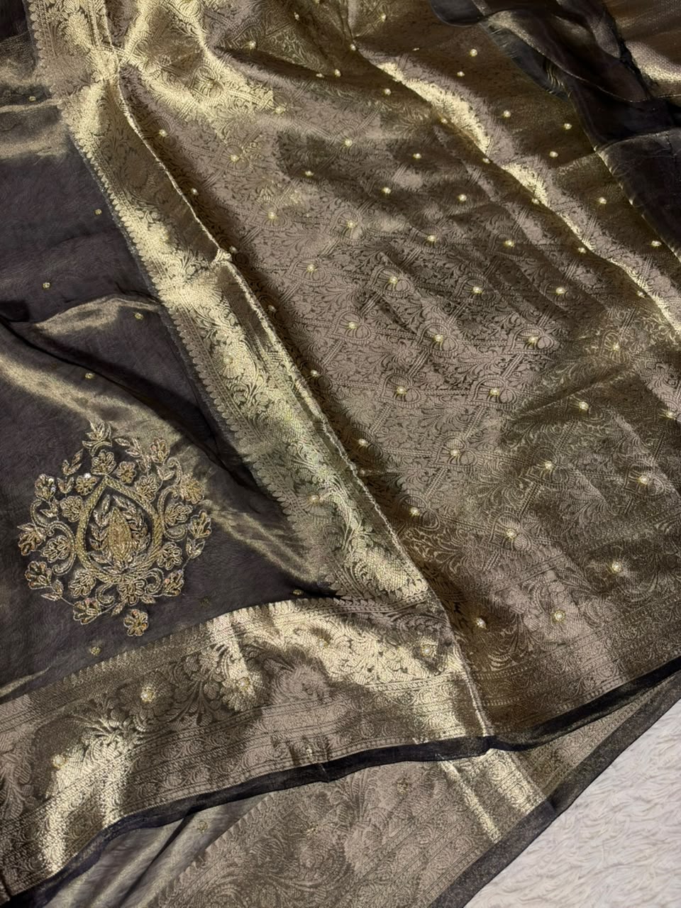 Beige Brown Pure Tissue Silk Handwork Saree