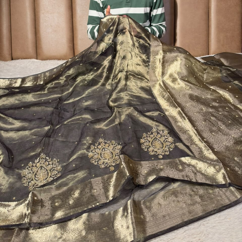 Beige Brown Pure Tissue Silk Handwork Saree