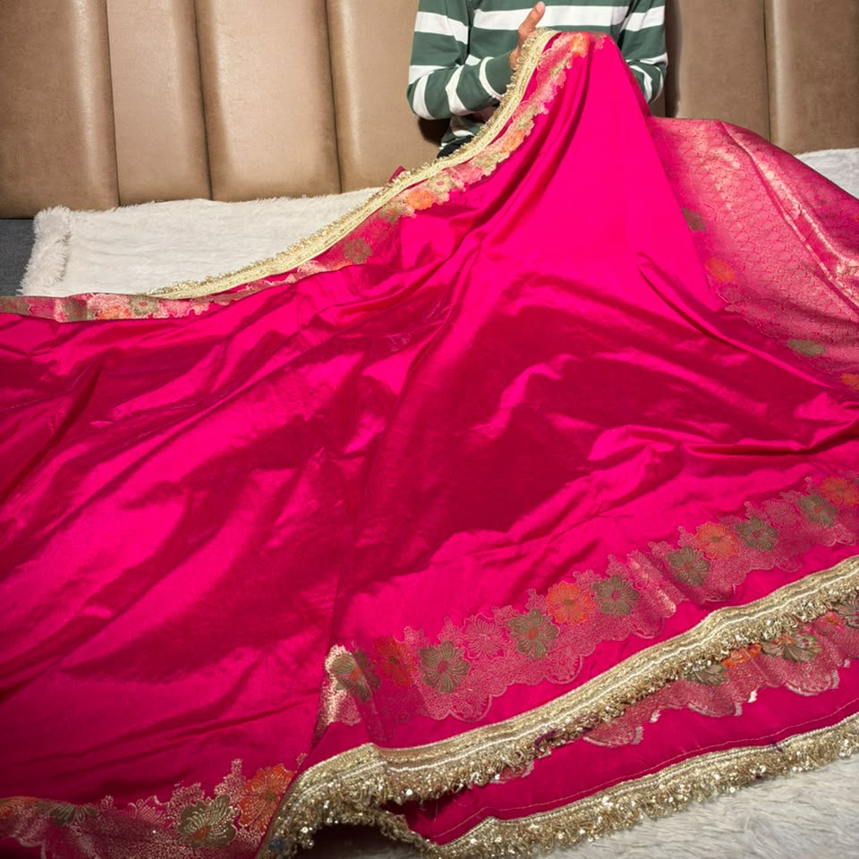 Rani Pink Warm Silk Contemporary Lace Work Saree