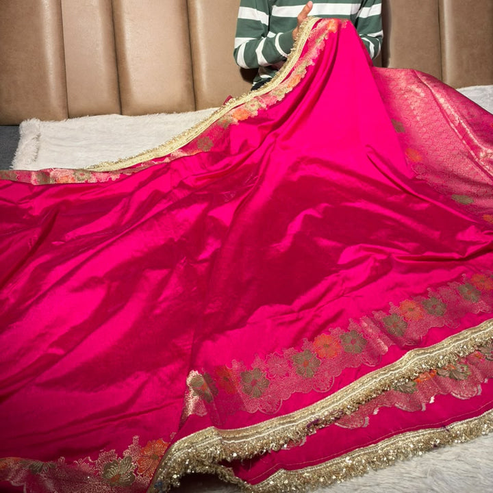 Rani Pink Warm Silk Contemporary Lace Work Saree