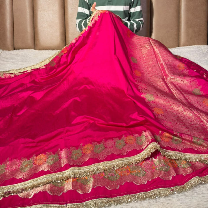 Rani Pink Warm Silk Contemporary Lace Work Saree