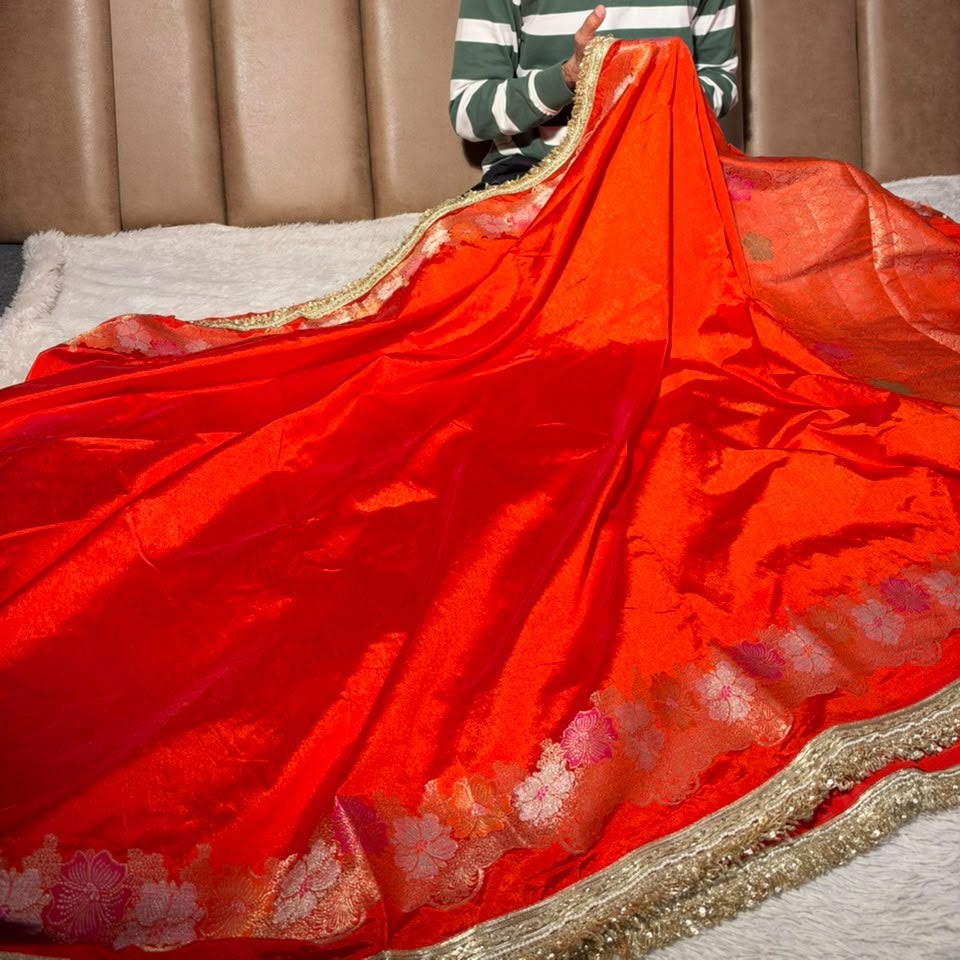 Orange Warm Silk Contemporary Lace Work Saree