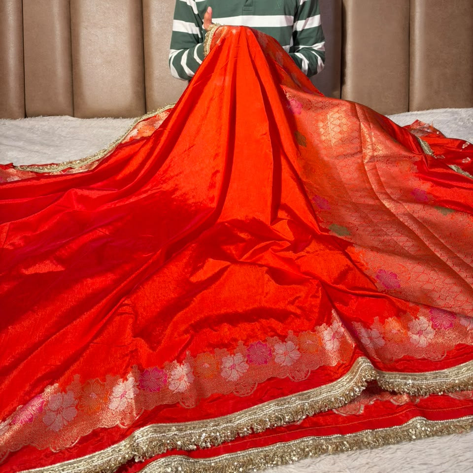 Orange Warm Silk Contemporary Lace Work Saree