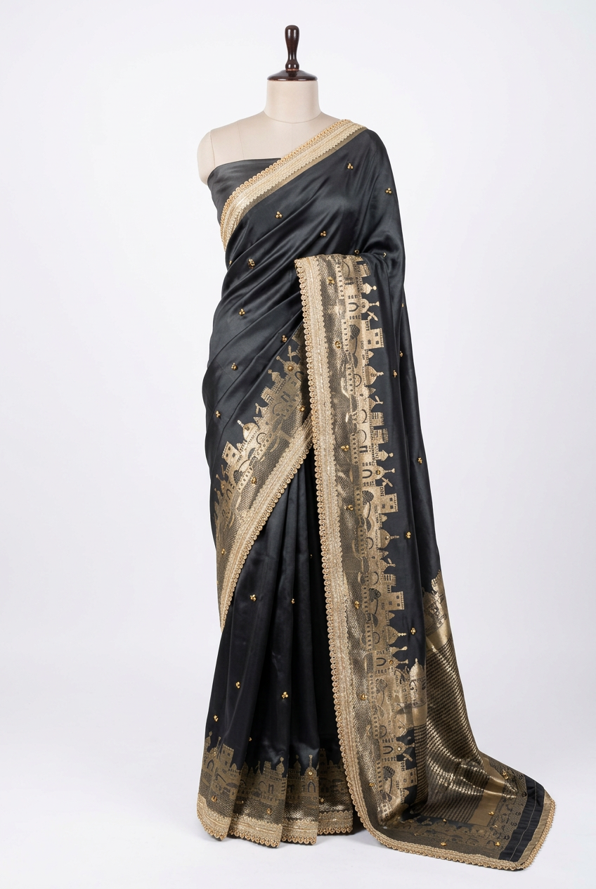 Black Soft Banarasi Silk Ghungroo Saree