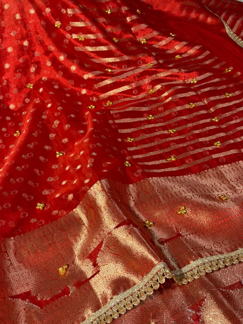 Red Tissue Silk Hand Ghungroo Work Saree