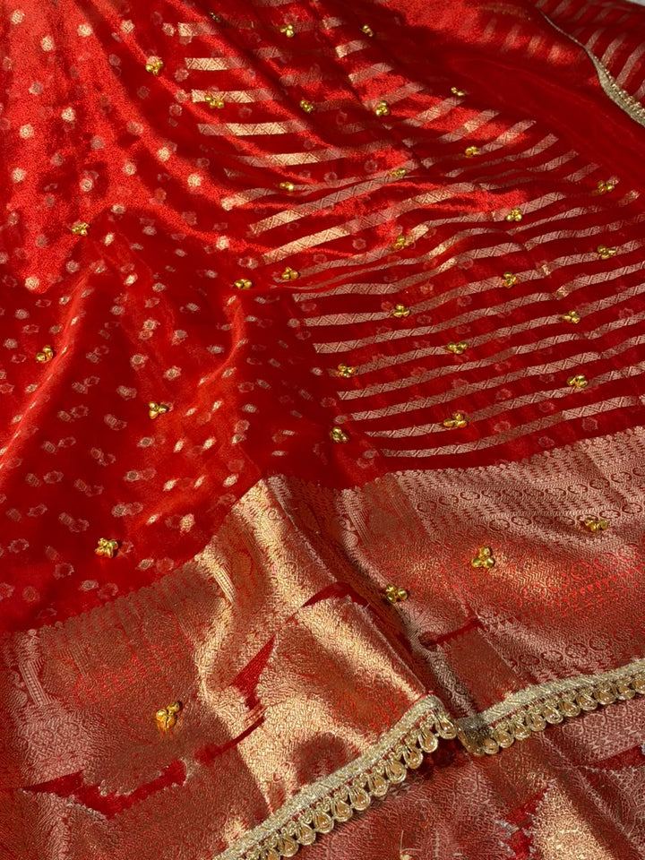 Red Tissue Silk Hand Ghungroo Work Saree