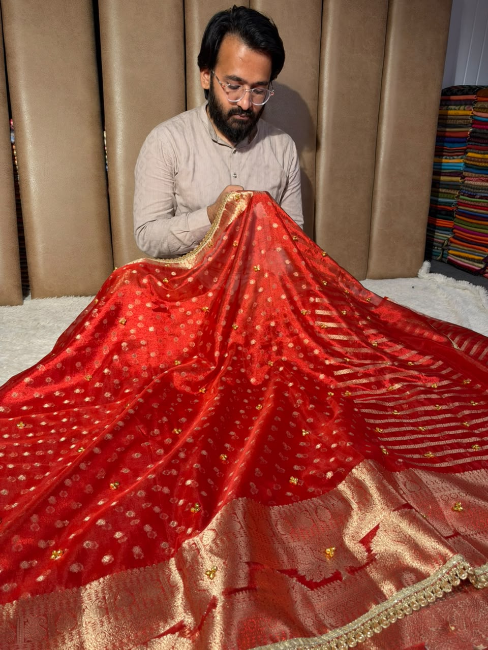 Red Tissue Silk Hand Ghungroo Work Saree