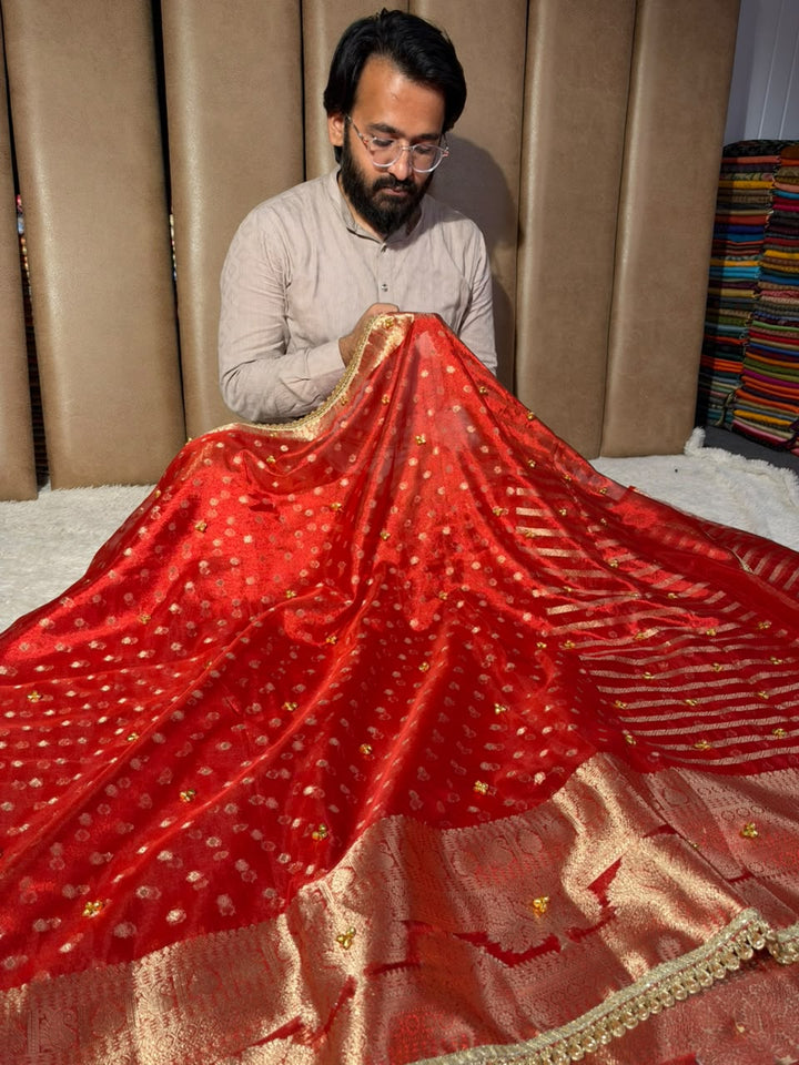 Red Tissue Silk Hand Ghungroo Work Saree