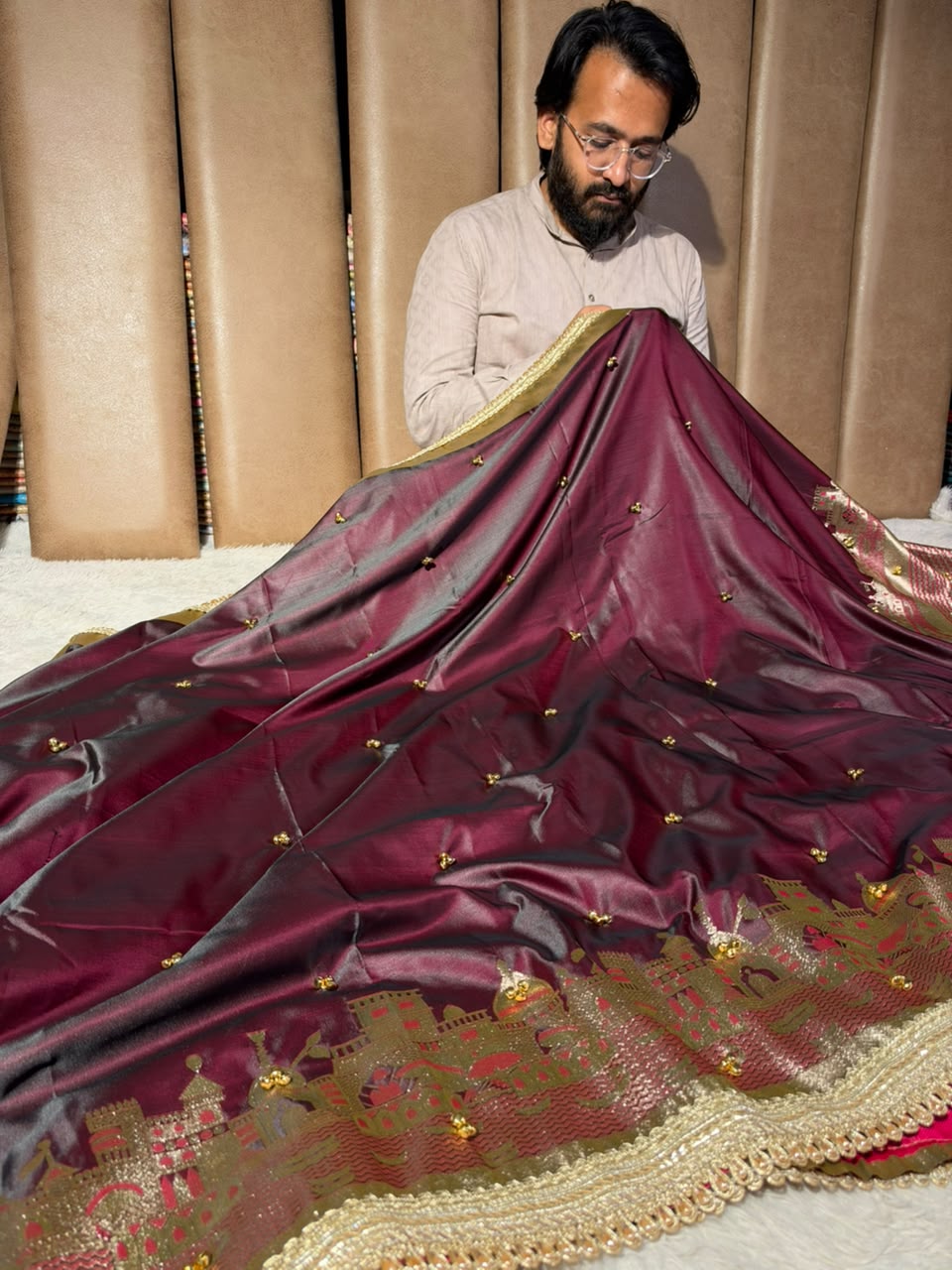 Wine Colour Soft Banarasi Silk Ghungroo Saree