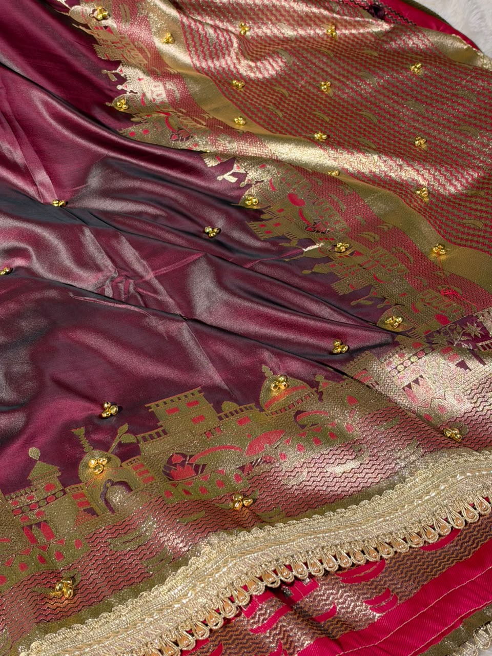 Wine Colour Soft Banarasi Silk Ghungroo Saree