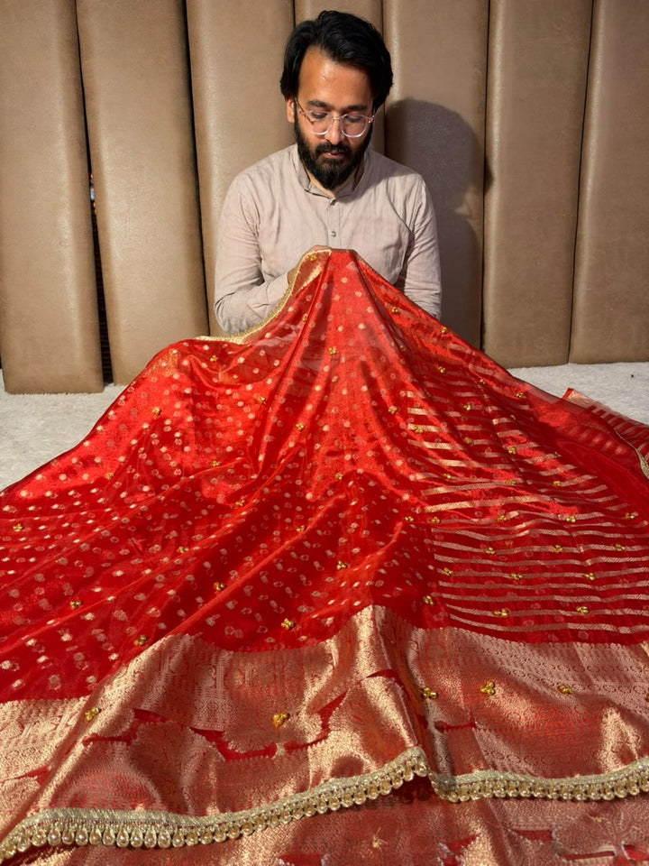 Red Tissue Silk Hand Ghungroo Work Saree