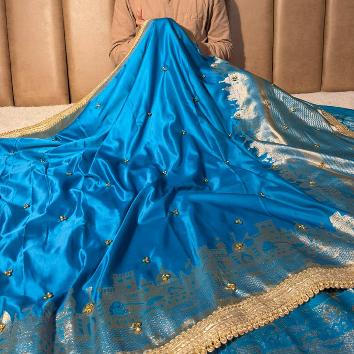 Firozi Blue Soft Banarasi Silk Ghungroo Saree