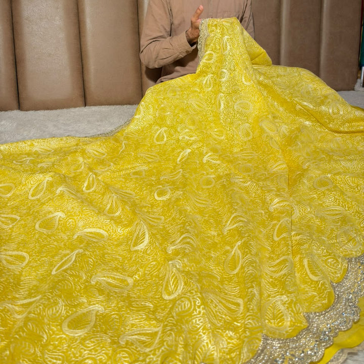 Yellow Pure Mul Chanderi Designer Chikankari Embroidery Banarasi Saree
