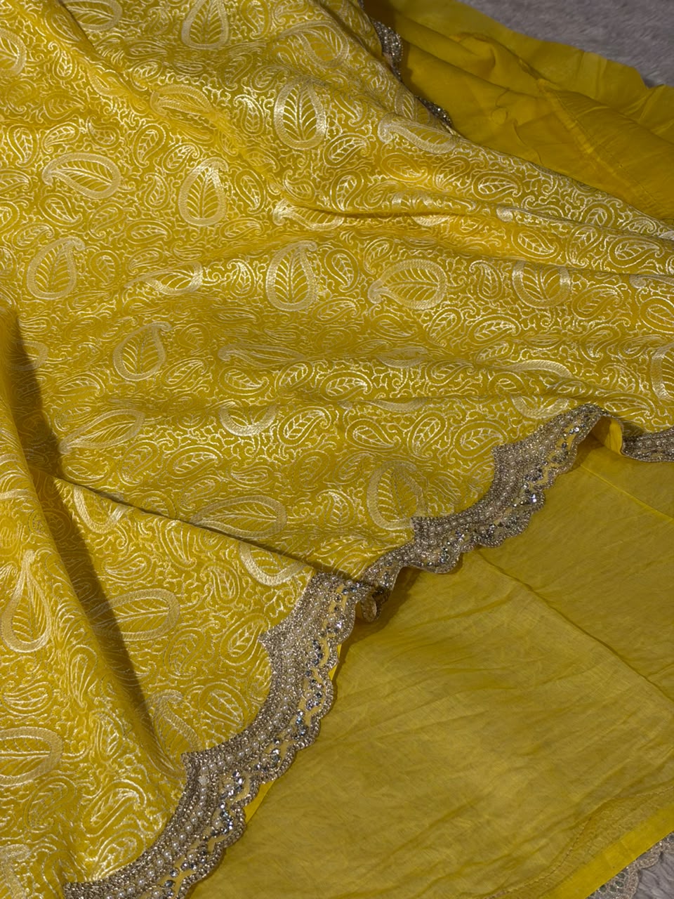 Yellow Pure Mul Chanderi Designer Chikankari Embroidery Banarasi Saree