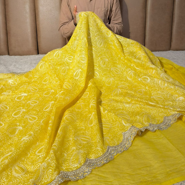 Yellow Pure Mul Chanderi Designer Chikankari Embroidery Banarasi Saree