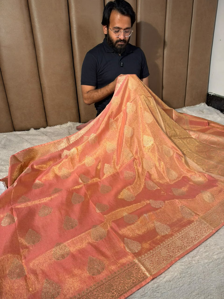 Mauve Peach Breathable katan Tissue Banarasi Saree