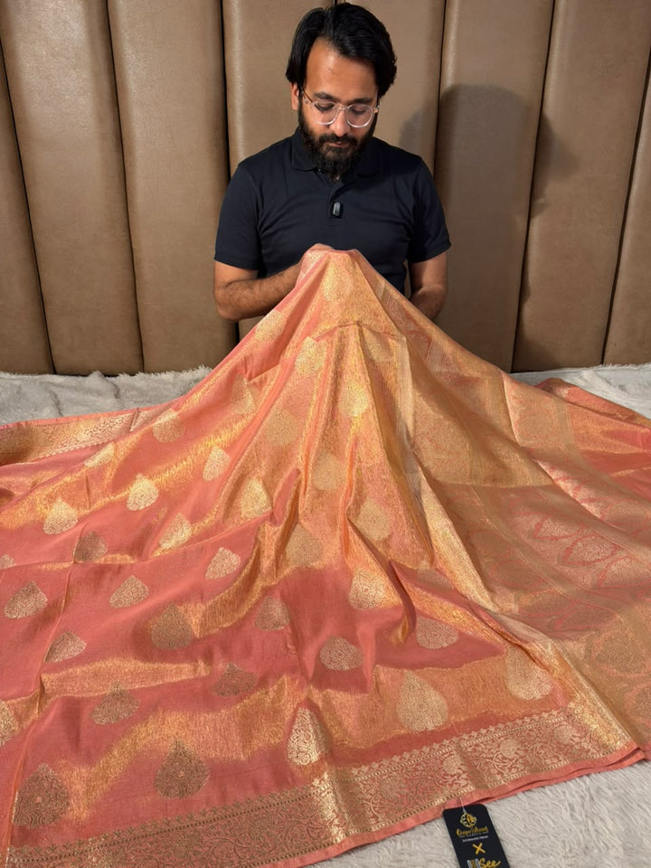 Mauve Peach Breathable katan Tissue Banarasi Saree
