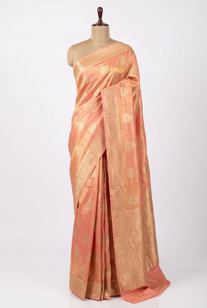 Mauve Peach Breathable katan Tissue Banarasi Saree