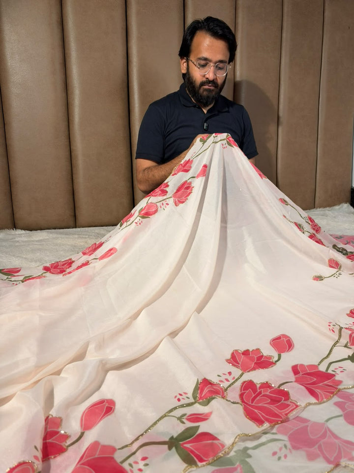 Off White Softsilk Floral Print Designer Saree