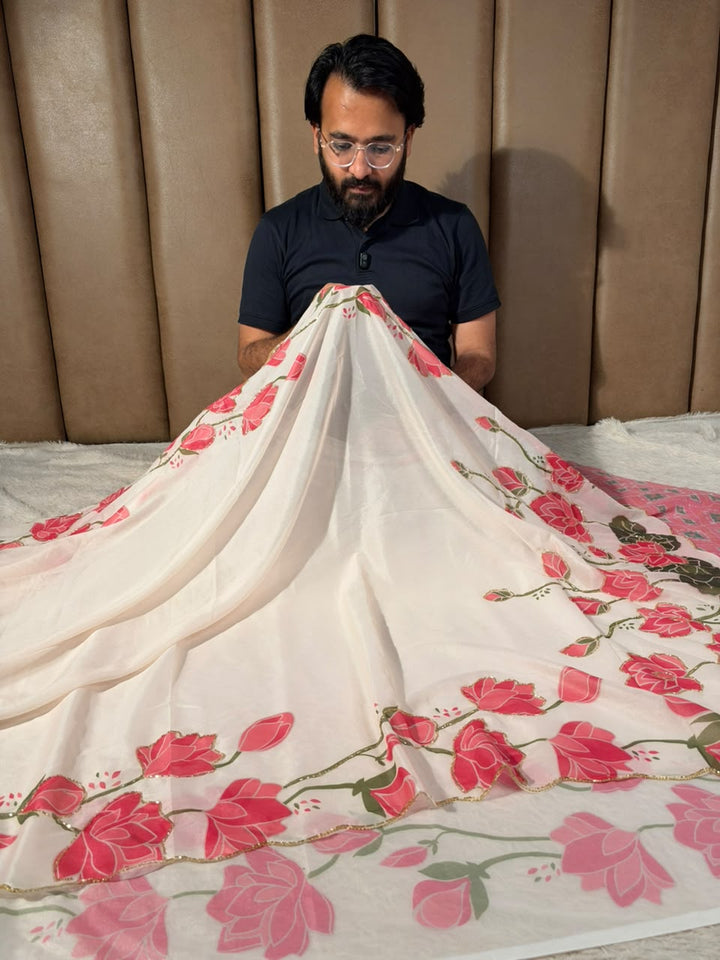 Off White Softsilk Floral Print Designer Saree
