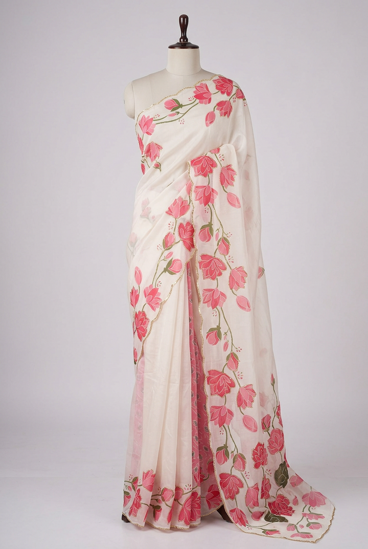 Off White Softsilk Floral Print Designer Saree