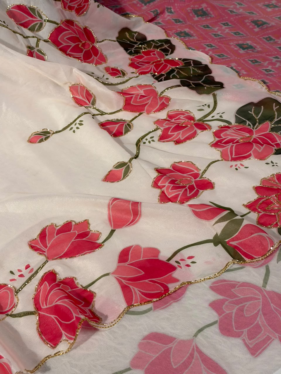 Off White Softsilk Floral Print Designer Saree