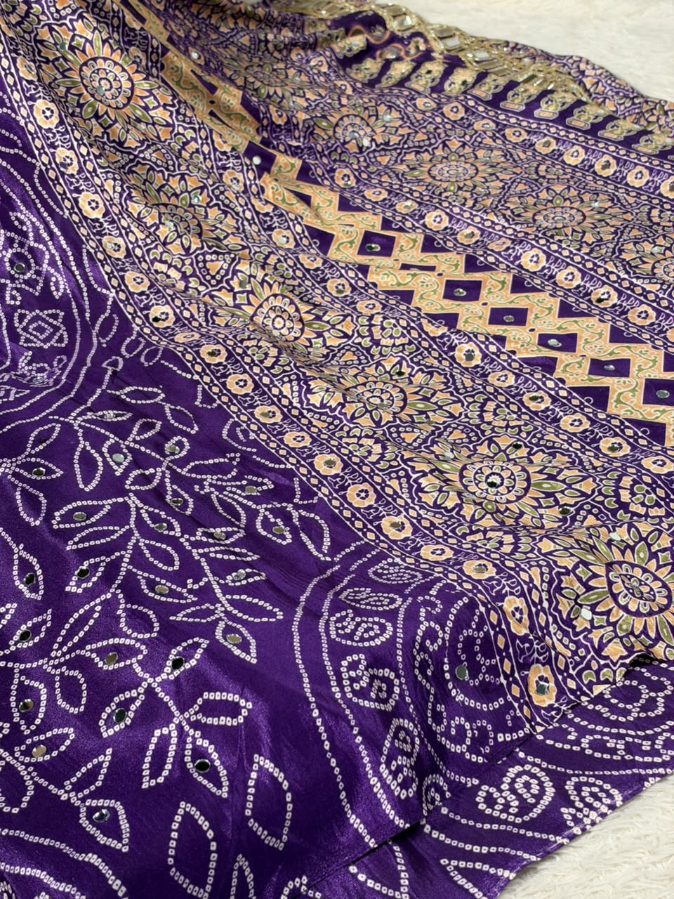 Purple Gaji Silk Bandhani Print And Mirror Saree