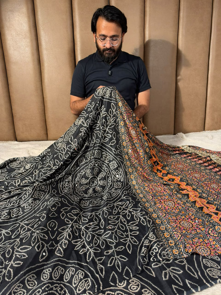 Jet Black Gaji Silk Bandhani Print And Mirror Saree