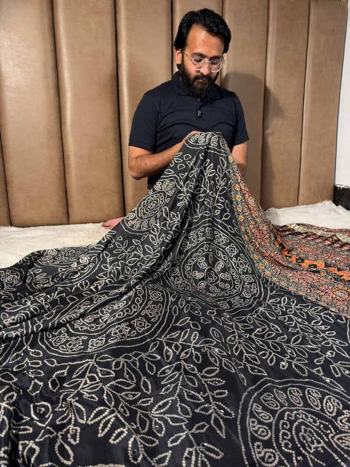 Jet Black Gaji Silk Bandhani Print And Mirror Saree