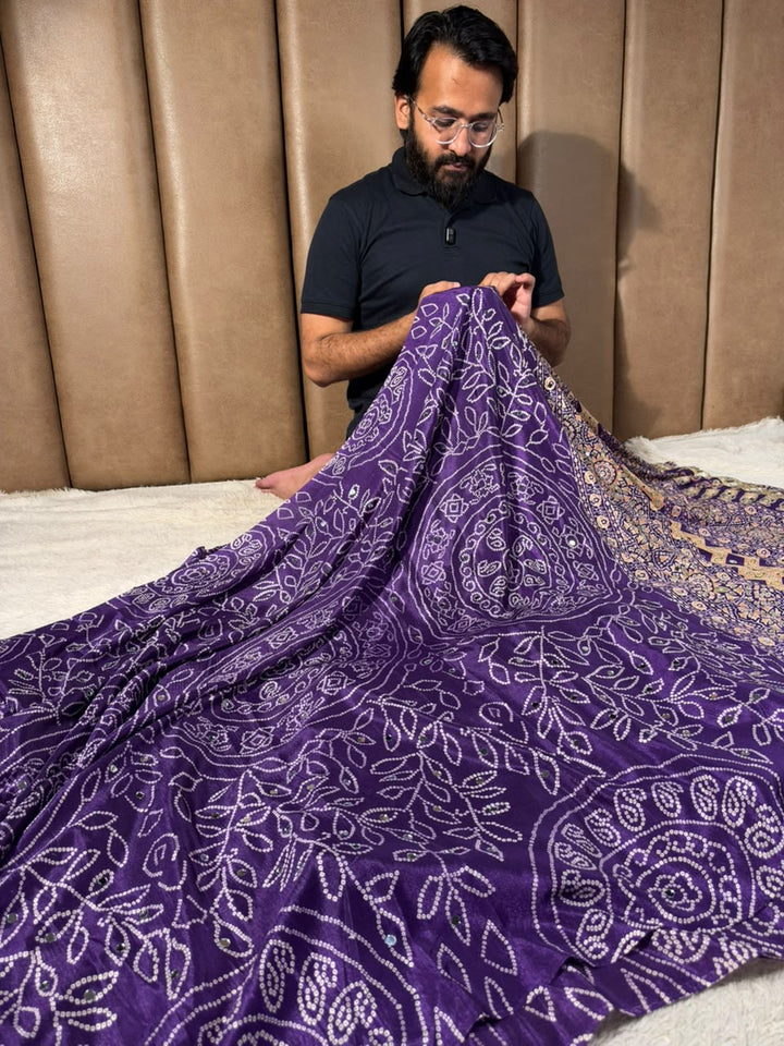 Purple Gaji Silk Bandhani Print And Mirror Saree