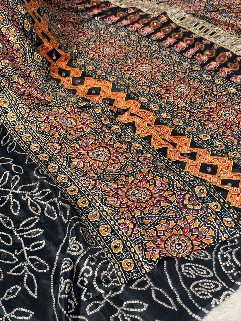 Jet Black Gaji Silk Bandhani Print And Mirror Saree