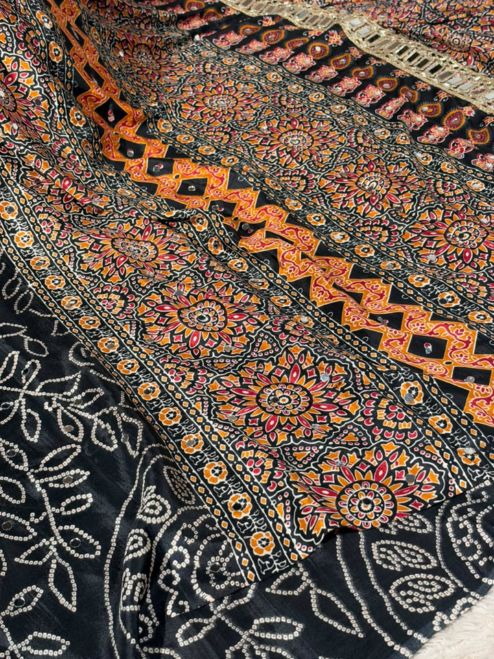 Jet Black Gaji Silk Bandhani Print And Mirror Saree