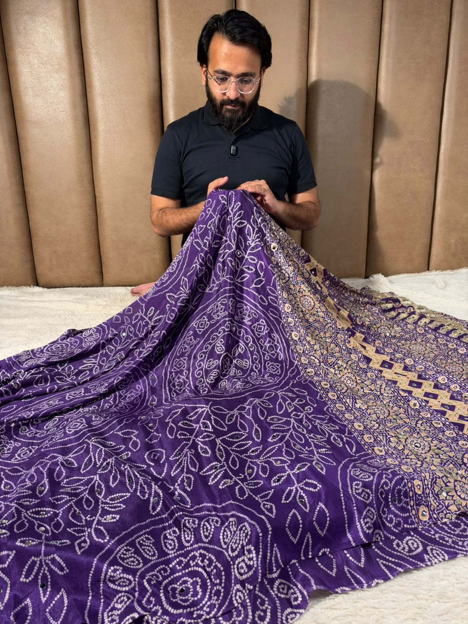 Purple Gaji Silk Bandhani Print And Mirror Saree