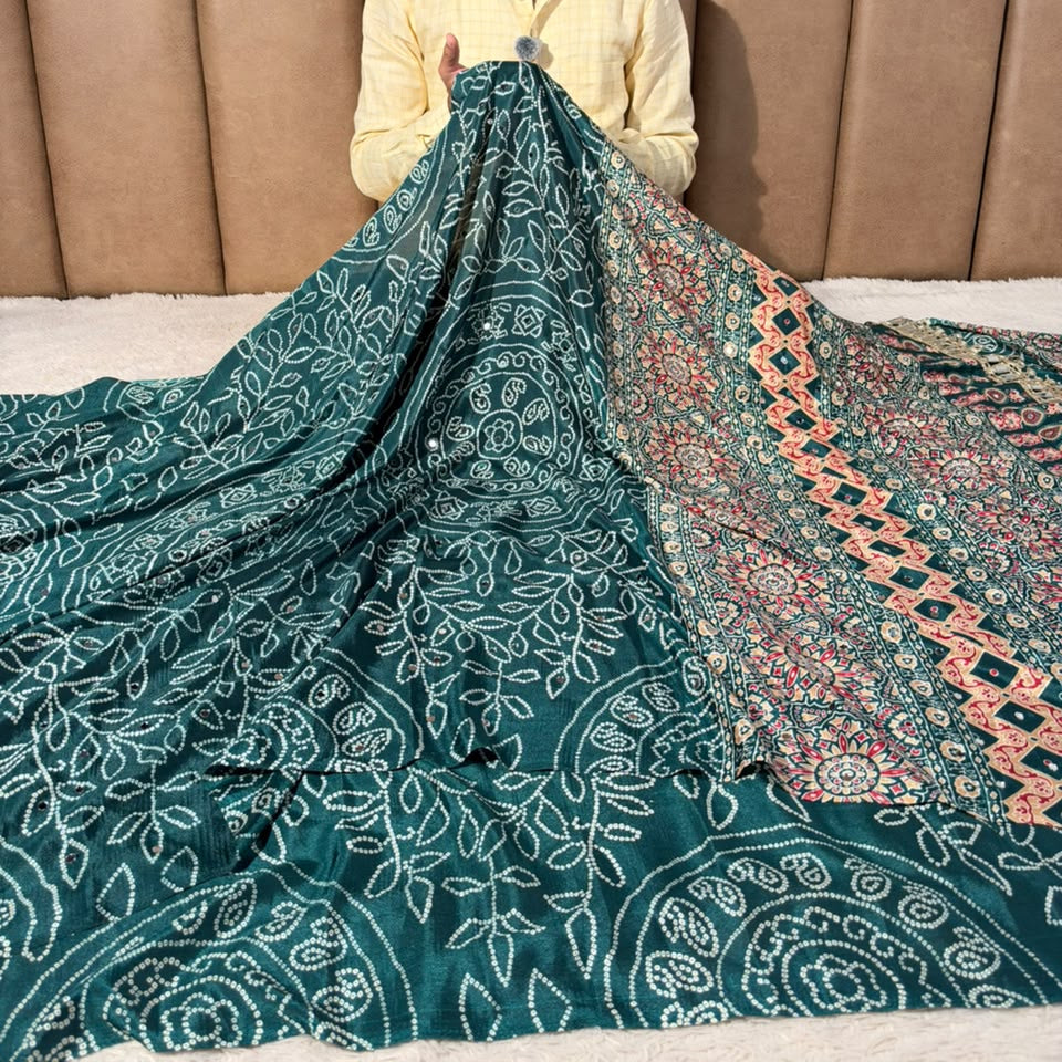 Green Gaji Silk Bandhani Print And Mirror Saree